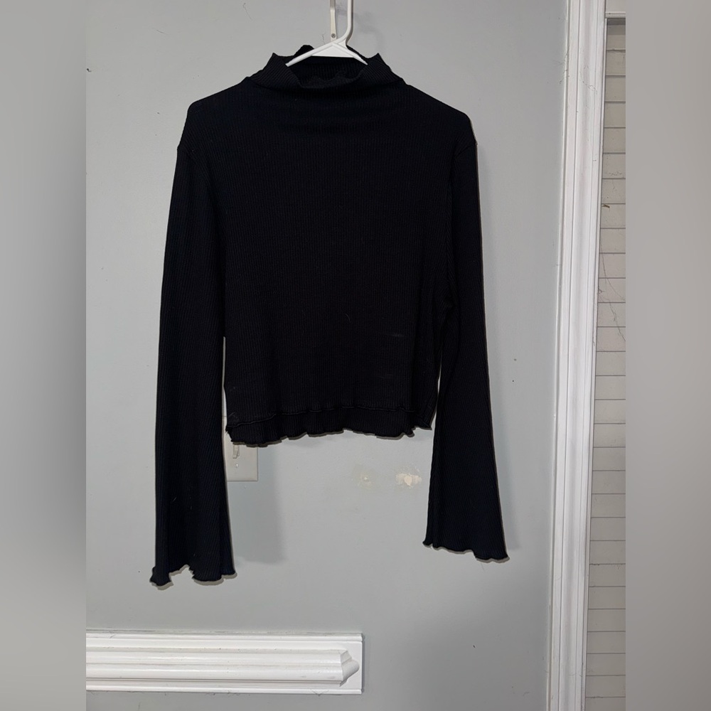 Black Mock Neck Ribbed Long Sleeve Crop Top with Bell Sleeves